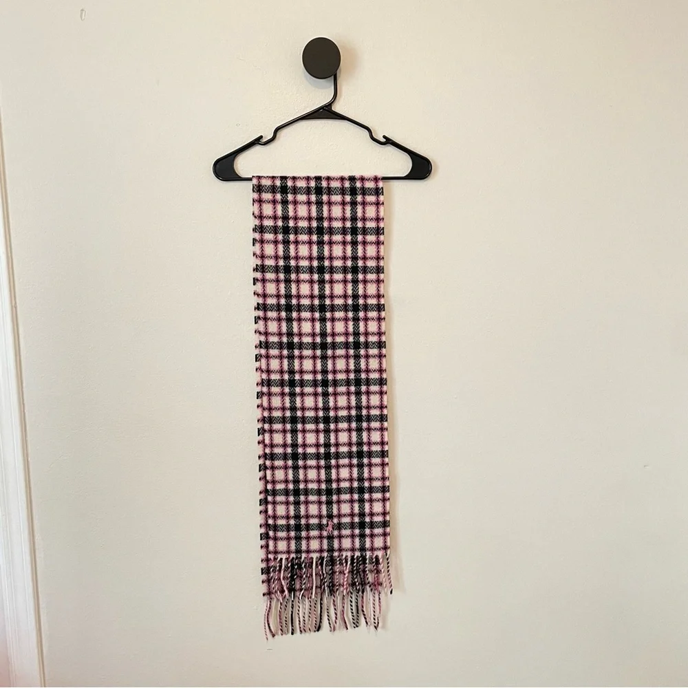 Ralph Lauren Blue Label Pink Plaid Fringe Scarf 100% Lambswool Italy